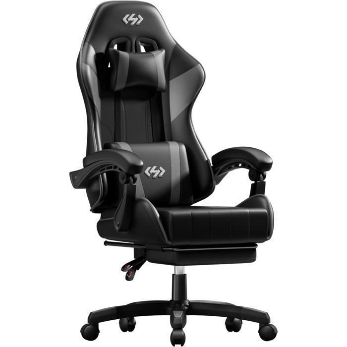 Fauteuil Ergonomique avec Repose-Pieds et Coussin Lombaire Inclinable 90°-135° pour Chambre et Travail Noir et Gris