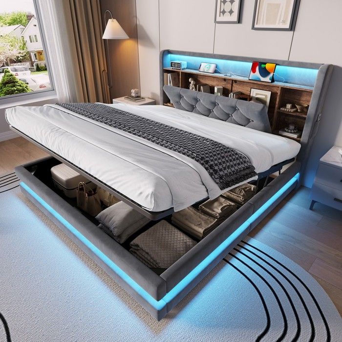 Lit coffre en velours gris foncé - BLACKCOLOR - 140x200 cm - Tête multifonctionnelle - LED - USB-C - Lattes Lit coffre en velours gris foncé - BLACKCOLOR - 140x200 cm - Tête multifonctionnelle - LED - USB-C - Lattes