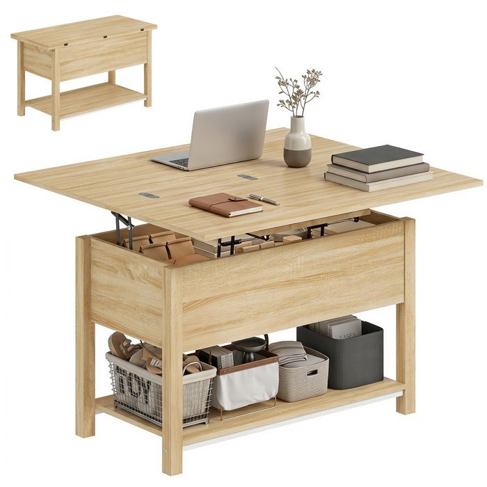 Table basse relevable et extensible table de salon avec compartiment caché étagère ouverte 100x45x50 5cm bois naturel
