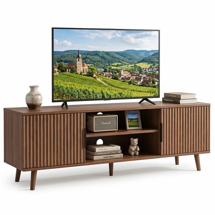 ROVRYN Meuble TV 138 cm noyer en MDF avec 2 portes rainurées et étagère ouverte