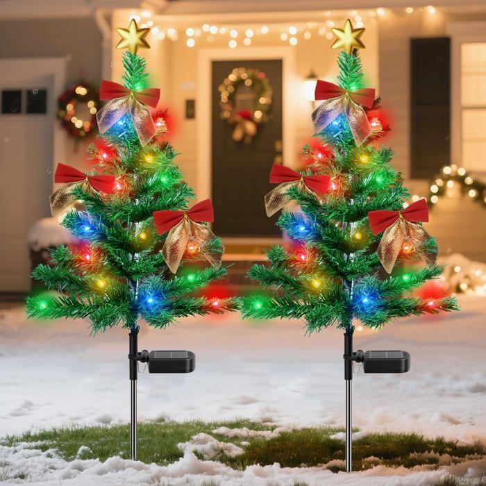 Sapin de Noël Lampe Solaire Extérieure 2 Arbres de Noël avec Multicolore Lumière Solaire Exterieur Étanche IP65 Décoration de