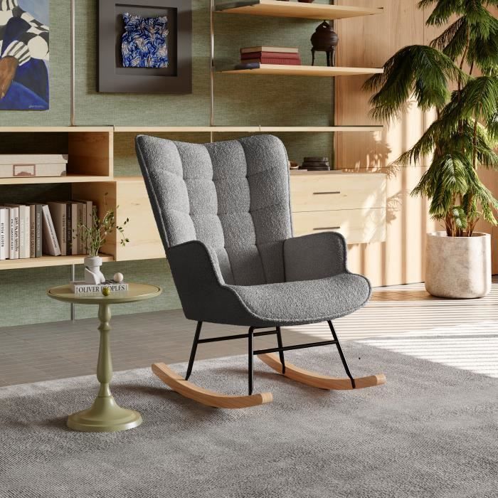 Fauteuil à Bascule - Teddy - Velours Moderne - Dossier Haut - Pieds en Bois - Gris Foncé
