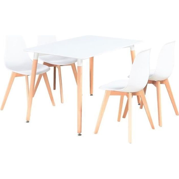 ensemble table à manger blanche + 4 chaises blanches - design scandinave minimaliste - salle à manger, cuisine, salon, bureau