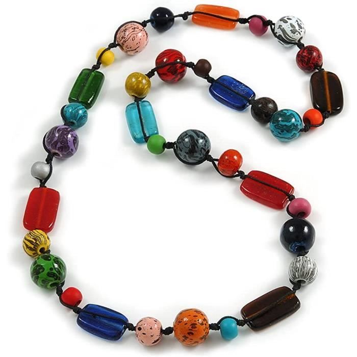 Long collier cordon noir en perles de bois et de verre - Multicolore ...