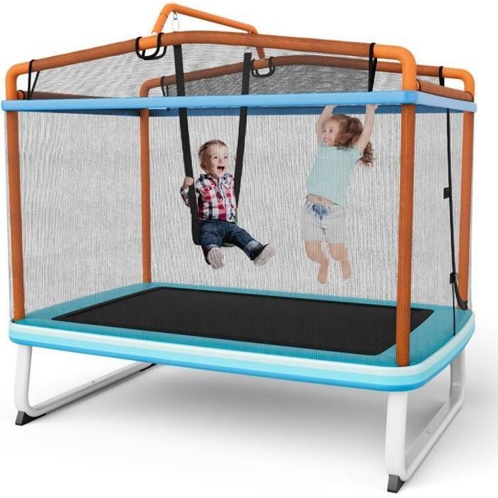 COSTWAY Trampoline pour Enfants Rectangulaire 190 x 124 cm 3 en 1 avec BalançoireBarre HorizontaleFilet dEnceinte 100kg Orange