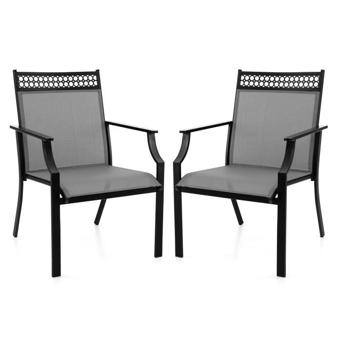 COSTWAY Lot de 2 Chaises Fauteuils de Jardin en Textilène -Cadre en Métal Décoration Ajourée Charge 150KG -Terrasse Piscine -Gris COSTWAY Lot de 2 Chaises Fauteuils de Jardin en Textilène -Cadre en Métal Décoration Ajourée Charge 150KG -Terrasse Piscine -Gris