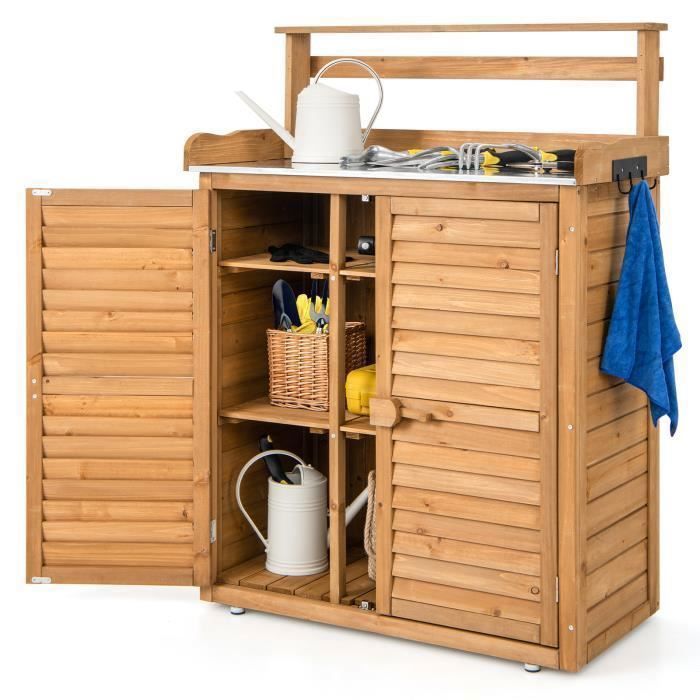 COSTWAY Abri de Jardin Extérieur en Sapin Table de Jardinage avec Comptoir en Métal Galvanisé Etagère Amovible pour Terrasse