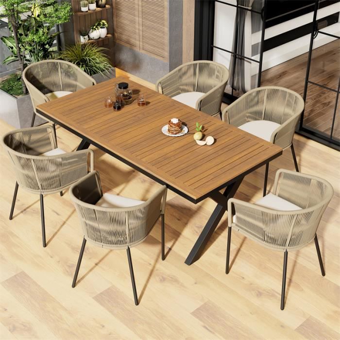 Ensemble 1 table avec 6 fauteuils, salon de jardin en corde, table rectangulaire, fauteuil avec coussin, beige