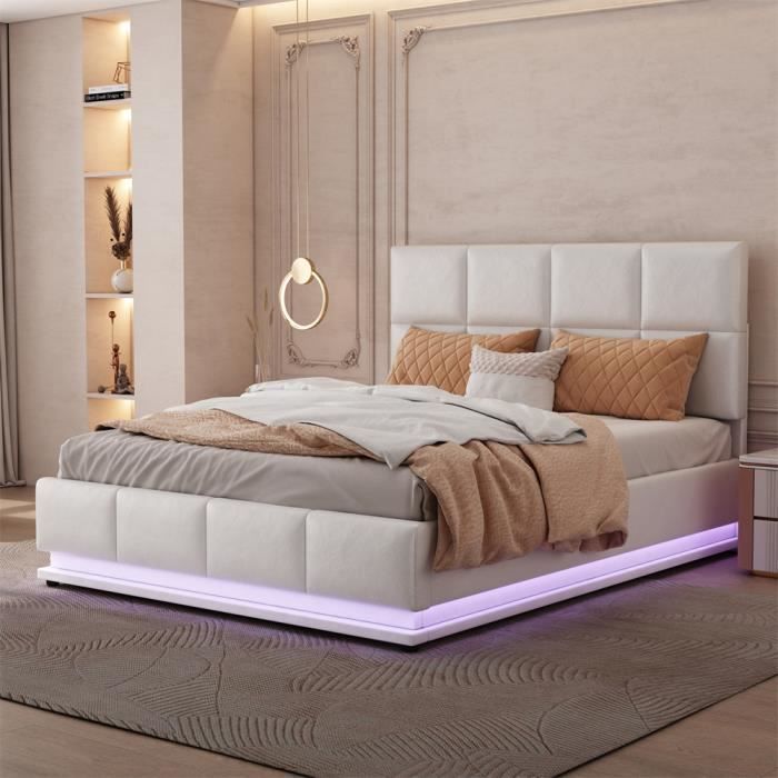 DRIPEX Lit Rembourré 140x200 cm avec éclairage LED coffre de lit espace de rangement relevable hydrauliquement Lit double Blanc
