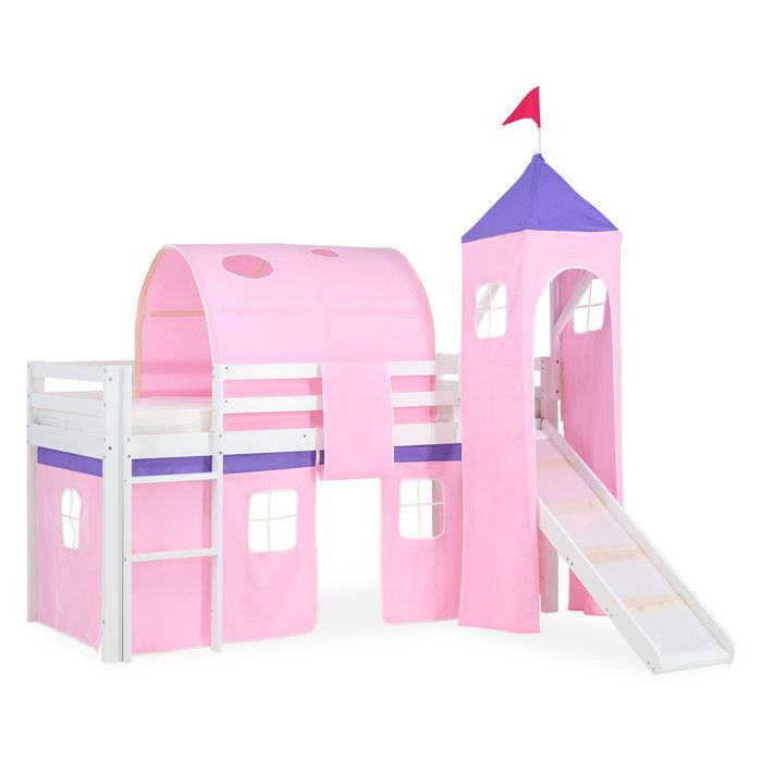 Lit mezzanine pour enfants 90 x 200 cm blanc avec rideau rose Tunnel Tour Toboggan Lit mezzanine pour enfants 90 x 200 cm blanc avec rideau rose Tunnel Tour Toboggan