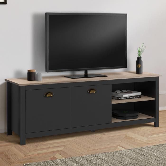 Meuble TV 140 Cm Style Campagne ISIS Bois Et Noir - Rangement TV Avec Placards