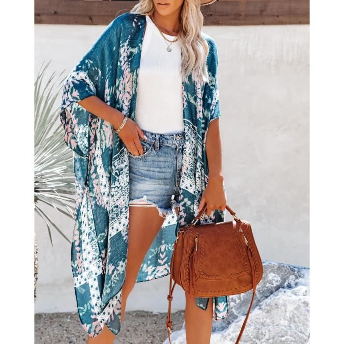 Robe de plage,Kimono d'été imprimé floral pour femmes,vêtements de