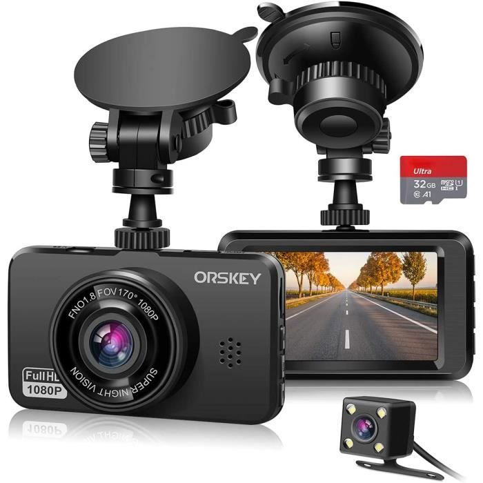 ORSKEY Dashcam Voiture Avant et Arrière 32GB Carte SD Incluse 1080P FHD Caméra embarquée pour Voiture Grand Angle 170 Degrés