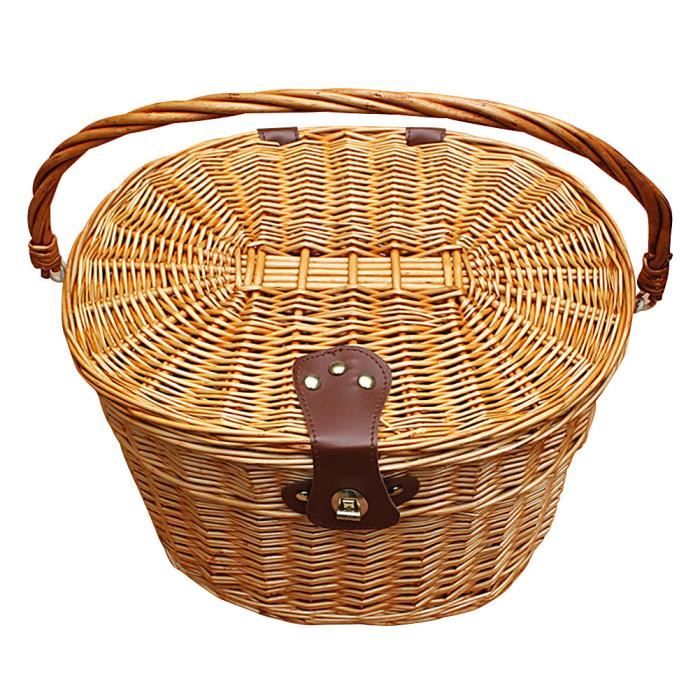 Panier en osier pour vélo PWSHYMI - Rustique avec couvercle et sangles en cuir - Brun