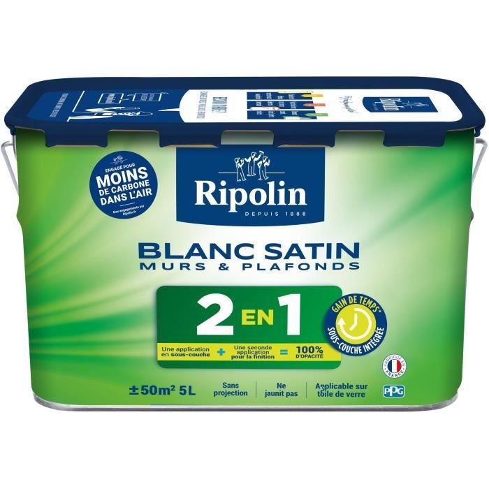 RIPOLIN - Peinture pour Murs & Plafonds Extrême - Sous-Couche Intégrée - Blanc Satin - 5 Litres, 382