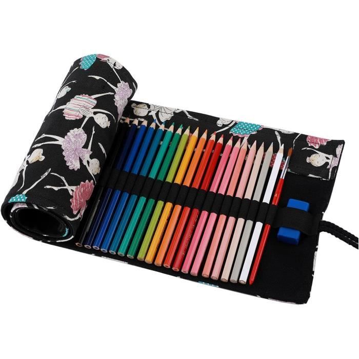 Newellsail Sac à Crayon en Toile 72 Trous Trousse Enroulable Crayon de Couleur Portable Étui à Crayons Enroulé pour Étudiants Artistes Peintres (Style de Arbres