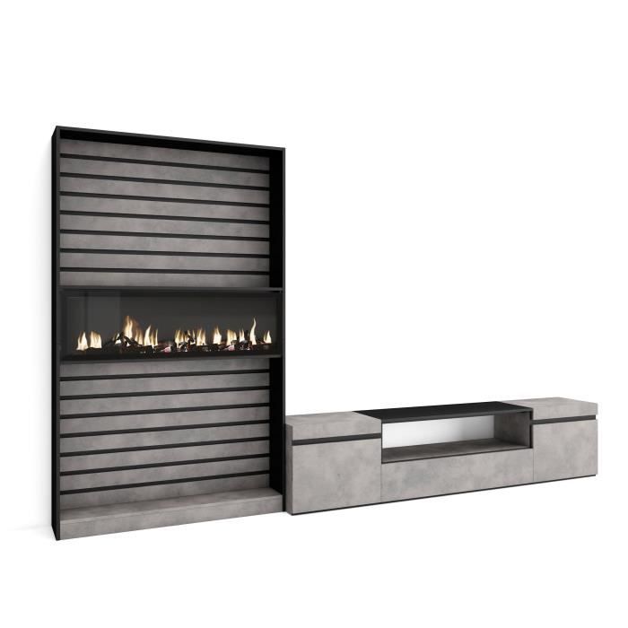 ensemble meuble tv - skraut home - rf2867 - cheminée électrique - ciment - industriel - loft