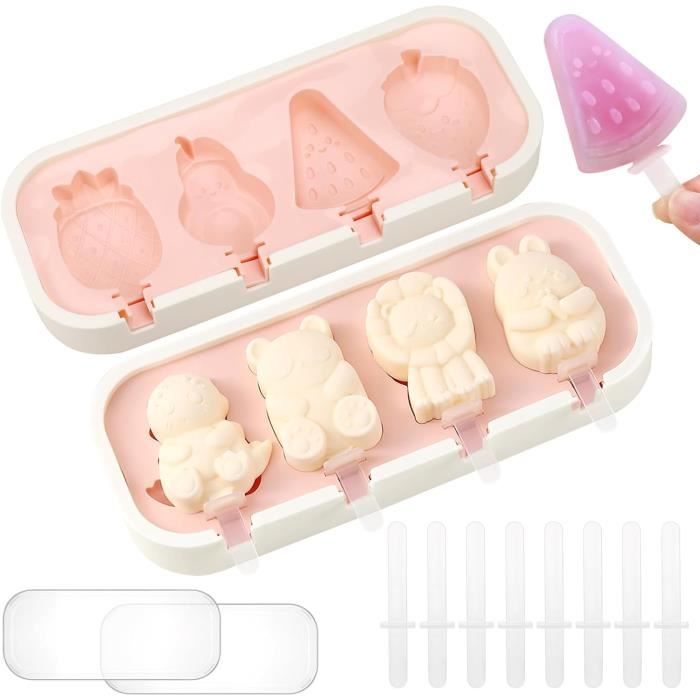 Moule à Glace Silicone Lot De 2 Avec Bâtonnets - Moules Réutilisables Sans BPA Animaux Fruits Rose