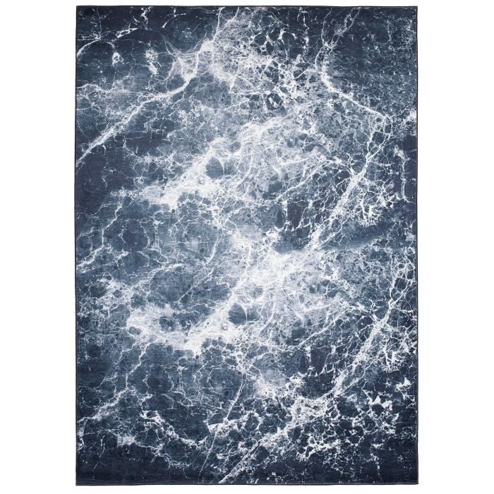 TAPISO Tapis Salon Poil Court TOSCANA Bleu Marine Blanc Marbre Polyester Intérieur 80x150 cm