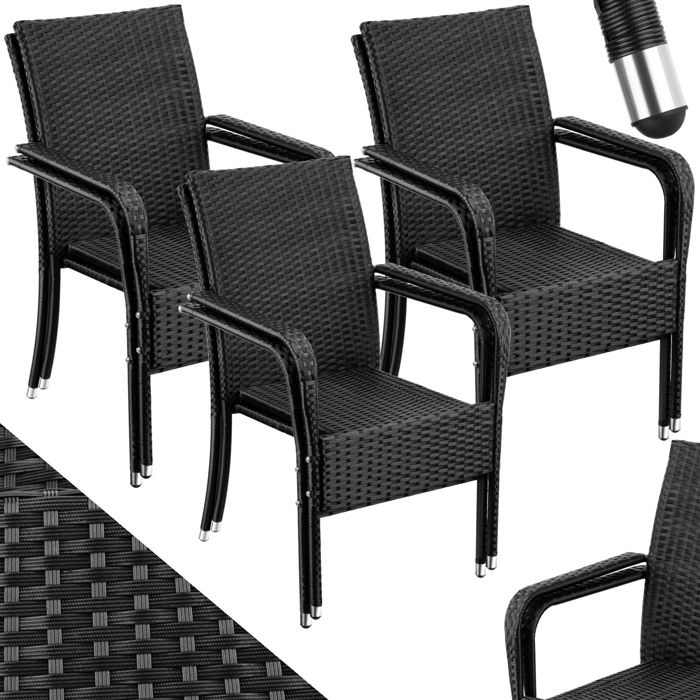 Chaises de jardin - TECTAKE - Lot de 6 fauteuils de repas dextérieur en rotin résistants aux UVs 58 x 67 x 90 cm - Noir