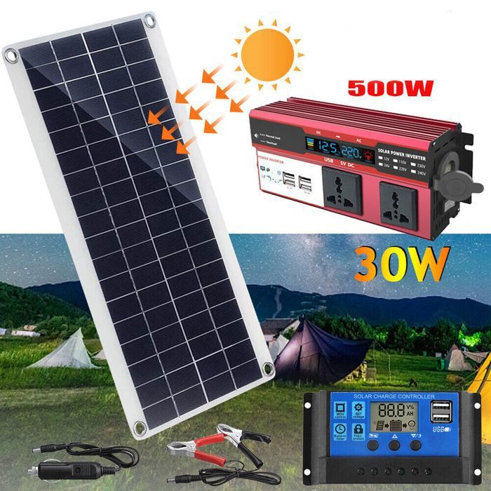 Panneau Solaire Kit Complet Panneau Solaire 30W + Onduleur Solaire