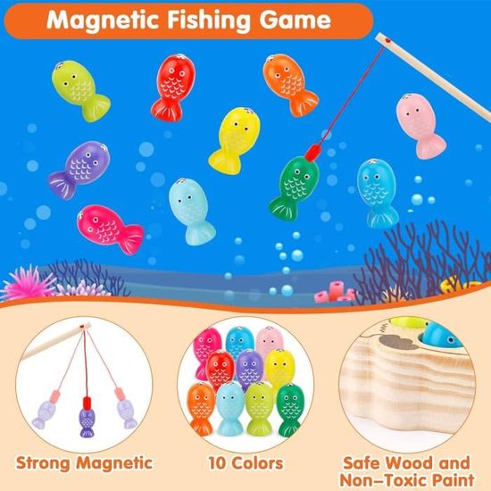 Jouet en Bois - Jeu de Pêche Magnétique - 10 Poissons - 2 Cannes à Pêche - Montessori 2 en 1 - Jeux - Jouets