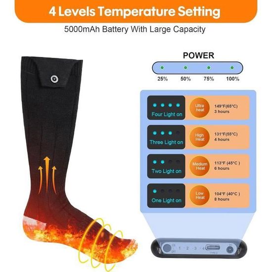 Chaussettes Chauffantes Rechargeables - Contrôle Par App, 4 Niveaux (40-70°C), Batterie 5000mAh, Unisexe
