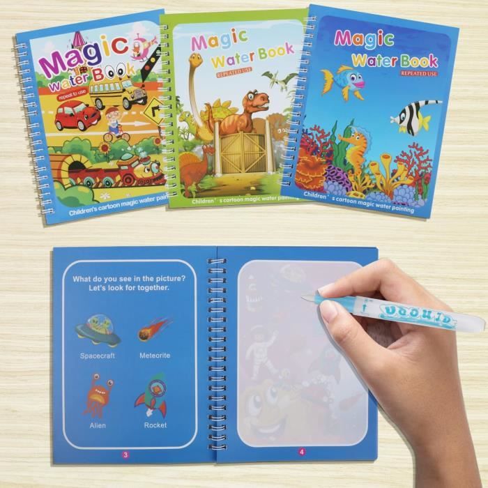 Livre De Dessin Magique à L’Eau – 4 Carnets Réutilisables Avec Stylos – Animaux, Dinosaures, Cheval & Univers – Cadeau Enfant