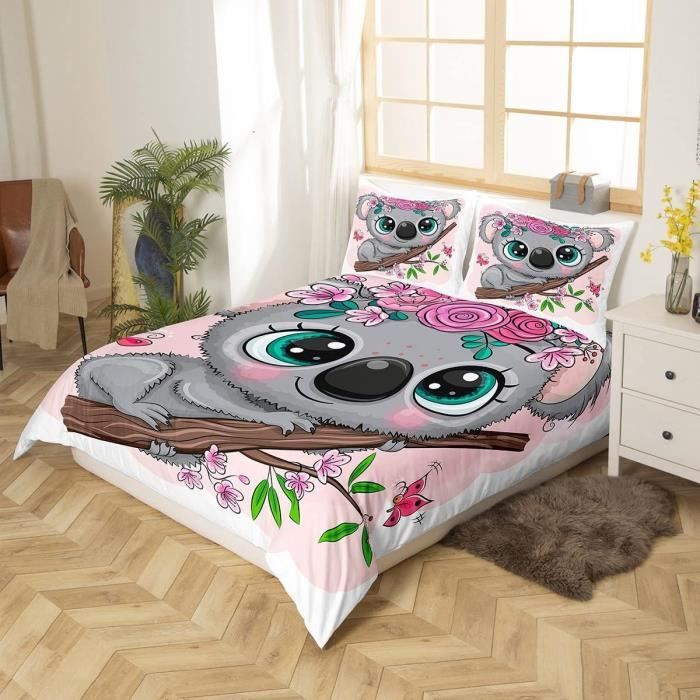 Parure De Lit Enfant 140x200cm - Housse De Couette Koala Rose + 2 Taies - Microfibre Douce - Linfye