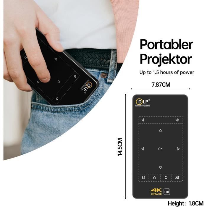 DWMD Mini Projecteur Portable,4K 3D Pocket Android 9.0 LED DLP Rechargeable  BT5.0 Pico Projecteur Prise en Charge de la Carte Android HDMI USB TF  Compatible avec les Téléphones PC Portables (EU) 