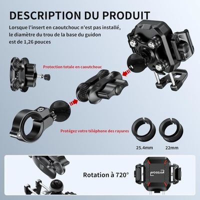 Grefay Support Téléphone Moto 2025 Double Amortissement - Fixation Rétroviseur Rotation 360° Pour 4,5-7,2 Pouces