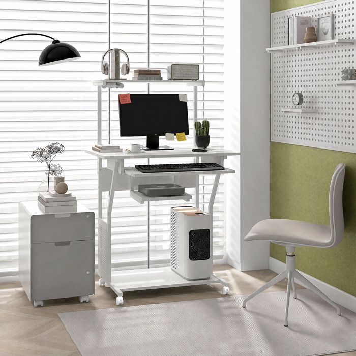 Bureau D'Ordinateur Compact Blanc 80x40x74cm Avec 2 Étagères - GYMAX - Idéal Petit Espace