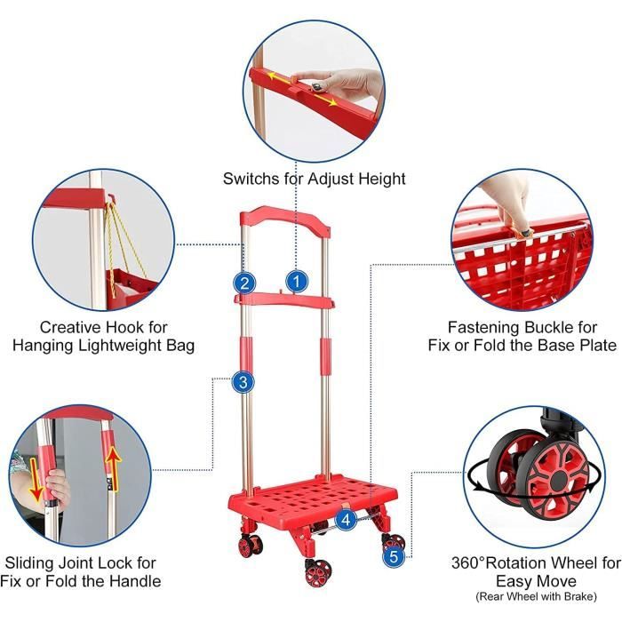 Chariots De Manutention - Diable Pliable Portable Très Résistant Roue  Rotative À ° Poignée Réglable 80 Kg Rouge