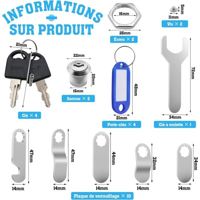 Lot De 2 Serrures Pour Boîte Aux Lettres – 20 Mm, 4 Clés, 10 Plaques De Rechange, Finition Brossée
