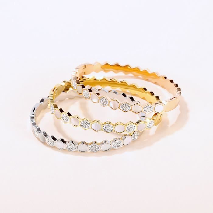 Bracelet Jonc Doré En Acier Inoxydable - Incrusté De Zircons, Style Femme, Neuf Sans Emballage