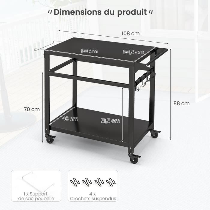 Chariot Glacière Bar Roulante GOPLUS - Capacité 50L - 2 Plateaux Pliables, étagère - Roues Avec Freins - Idéal Jardin, Barbecue, Pique-nique - 127x42.5x74 Cm - 9