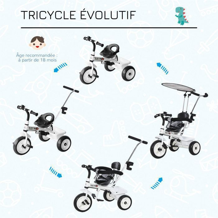 HOMCOM Tricycle Enfants Pare Soleil Pliable Canne Amovible Benne