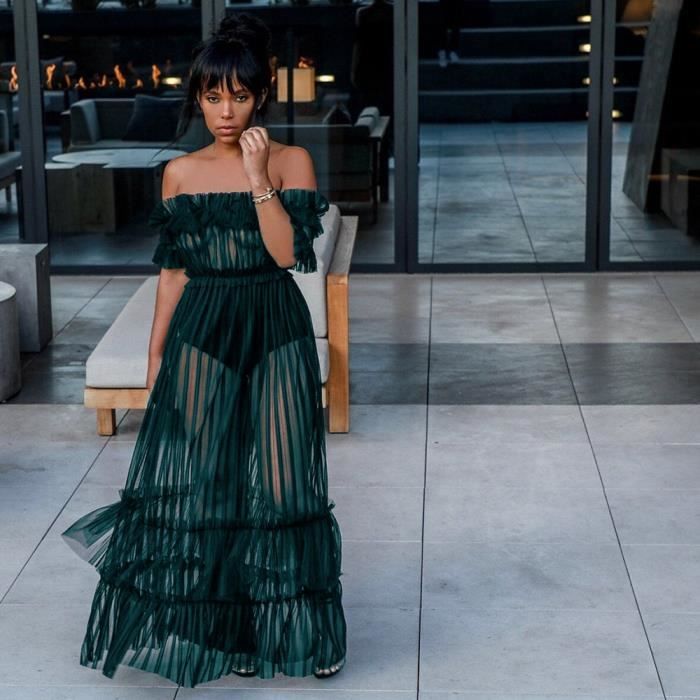 Robe Longue robe de plage en Tulle transparent volants paules