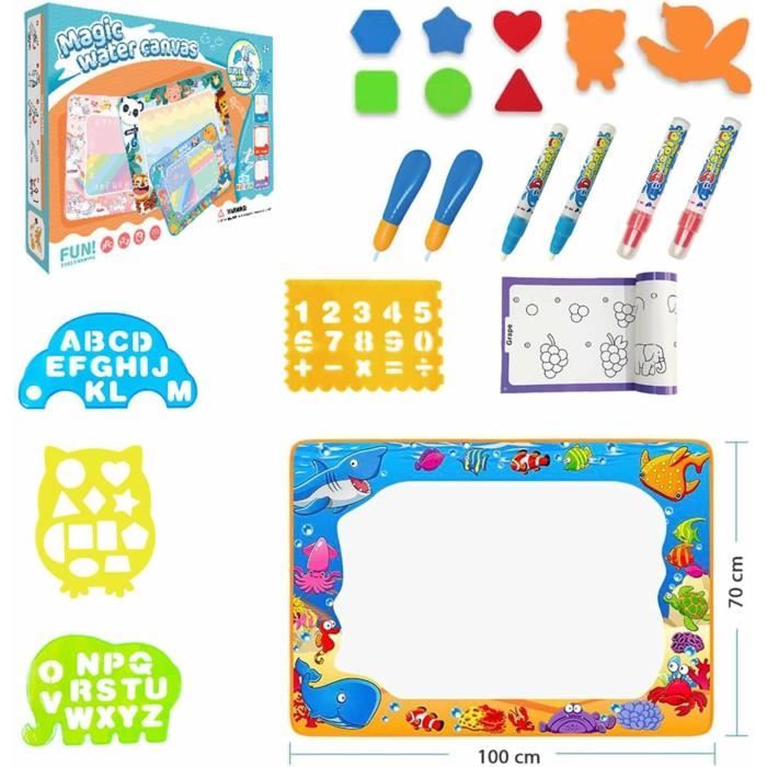 MerryXGift Tapis De Dessin à L'Eau 100x78 Cm – Avec 3 Stylos, 6 Cachets, Livre D'Eau, Jouet Éducatif Dès 3 Ans