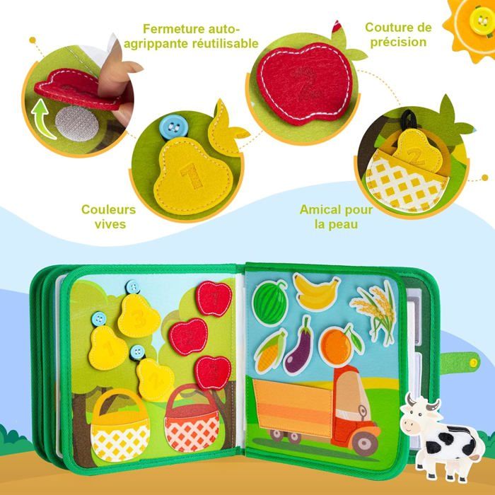 Busy Board Montessori 10-en-1 – Jouet D'Éveil Sensoriel En Feutre – 28x23cm – Boutons, Fermetures, Horloge – Dès 3 Ans