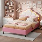 Lit enfant - HOFURNI - Lit princesse 90x200 - Velours rose - LED réglables - Couronne décorative