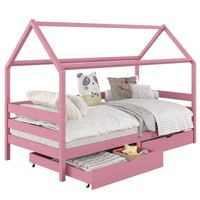 Lit cabane CLIA lit simple pour enfant 90 x 190 cm avec rangement 2 tiroirs et barrières de protection sur 3 côtés, pin massif rose