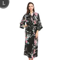 JANZDIYS Femmes Imprimé Peignoir Satin-L-Noir-Motif de Fleur de Paon-Ample Nightwear-Avec Poches-Cadeaux Créatifs pour Les Femmes