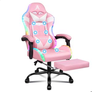 Chaise De Jeu Massante Avec LED - Inclinaison 90°-150°, Repose-pieds Rétractable - Cuir Synthétique, Capacité 180kg - Noir