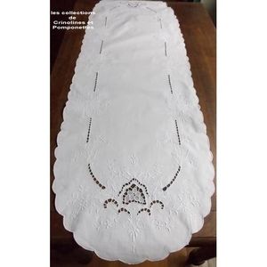 NAPPERON CHEMIN RICHELIEU ROYAL SUR LIN RECTANGULAIRE BLANC 37cm x 82 ANNABELLE