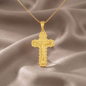 Pendentif Croix Jésus Plaqué Or 18K - Chaine 50cm - Coffret Cadeau - Communion, Baptême - ASCALIDO