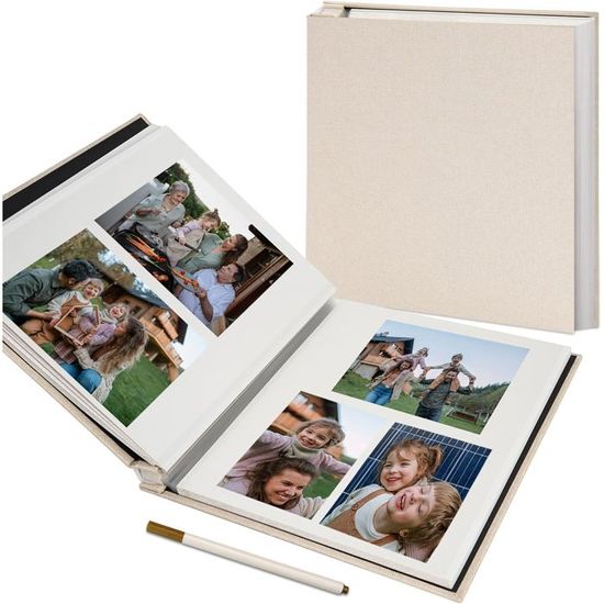 Album Photo Adhésif QWORK 140 Photos 10x15 Cm - Lin Relié 28x27 Cm, 40 Pages DIY