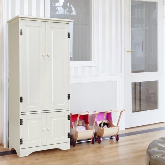 COSTWAY Armoire Vintage Blanche en MDF avec 4 Portes et 2 Etagères