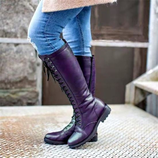 Bottines Femme Mi-Mollet En Cuir - Talon Bas Plat, Fermeture Éclair Latérale, Grande Taille | Bottes Décontractées Pour Tous Les Jours - 6