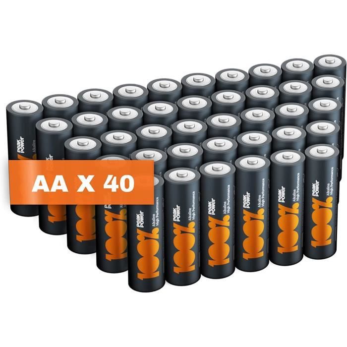Piles AA - Lot de 40, 100% PEAKPOWER, Batteries Alcalines AA LR6 1,5v